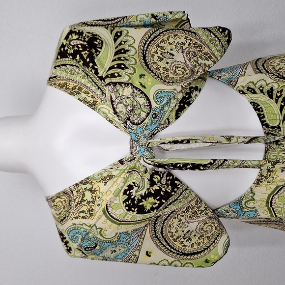 Jessi L Green Black Paisley Print Tie Back Y2K Fairy Babydoll Blouse Size 1X - Picture 7 of 13